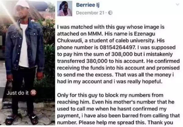 Girl Begs For Help After Fellow MMM Member Took Her Money And Vanished (Photo)